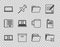 Set line Laptop and cross mark on screen, Delete folder, Document, Carton cardboard box, and File document binder clip