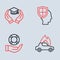 Set line Life insurance with shield, Lifebuoy hand, Burning car and Education grant icon. Vector