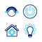 Set line Light bulb and gear, Smart home, Power button and Thermostat icon. Vector