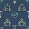 Set line Lighthouse, Hiking backpack and Coconut cocktail on seamless pattern. Vector