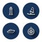 Set line Lighthouse, Windsurfing, Speedboat and Compass with long shadow. Blue circle button. Vector