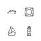 Set line Lighthouse, Yacht sailboat, Speedboat and Lifebuoy icon. Vector