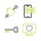 Set line Like and heart, Key in shape, Mobile with and Amour arrow icon. Vector
