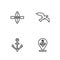 Set line Location with anchor, Anchor, Kayak and paddle and Bird seagull icon. Vector