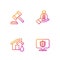 Set line Location shield, House flood, Judge gavel and Money in hand. Gradient color icons. Vector