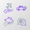 Set line Location shield, Piggy bank in hand, Car and Plane icon. Vector