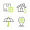 Set line Location shield, Umbrella, House flood and Delivery security with icon. Vector