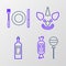 Set line Lollipop, Bottle of wine, Clown head and Plate, fork and knife icon. Vector