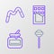 Set line Lollipop, Jar of honey, Chocolate bar and Jelly worms candy icon. Vector