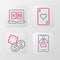 Set line Lucky wheel on phone, Game dice, Playing card with heart and Online poker table game icon. Vector