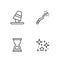 Set line Magical glitter particles, Old hourglass, Game thimbles and wand icon. Vector