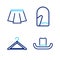 Set line Man hat, Hanger wardrobe, Christmas mitten and Skirt icon. Vector