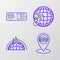 Set line Map pointer with Coliseum in Rome, Italy, Globe flying plane, and Travel ticket icon. Vector