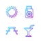 Set line Martini glass, Picnic table with benches, Sun and Photo camera. Gradient color icons. Vector