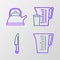 Set line Measuring cup, Knife, and Kettle with handle icon. Vector