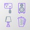 Set line Measuring cup, Table lamp, Stereo speaker and Electric mixer icon. Vector