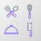 Set line Meat chopper, Covered with tray of food, Kitchen whisk and Crossed fork and spoon icon. Vector