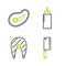 Set line Meat chopper, Fish steak, Sauce bottle and Steak meat icon. Vector