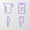 Set line Meat chopper, Knife, Cutting board and Measuring cup icon. Vector