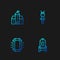 Set line Medieval throne, Diamond, Castle, fortress and Torch flame. Gradient color icons. Vector