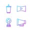 Set line Megaphone, Movie trophy, Paper glass with water and Online play video. Gradient color icons. Vector