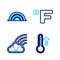 Set line Meteorology thermometer, Rainbow with cloud, Fahrenheit and icon. Vector