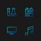 Set line Music note, tone, Computer monitor screen, Test tube and flask and Calendar. Gradient color icons. Vector