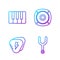 Set line Musical tuning fork, Guitar pick, Music synthesizer and Stereo speaker. Gradient color icons. Vector