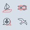 Set line Nautical rope knots, Anchor, Bird seagull and Yacht sailboat icon. Vector