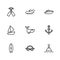 Set line Nautical rope knots, Anchor, Floating buoy, Whale, Speedboat, Crossed oars paddles, Inflatable with motor and