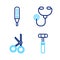 Set line Neurology reflex hammer, Medical scissors, Stethoscope and digital thermometer icon. Vector