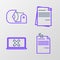 Set line Note paper with pinned pushbutton, Laptop and cross mark screen, File document and Scotch icon. Vector