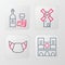 Set line Notre Dame, Croissant, Windmill and Wine bottle with cheese icon. Vector