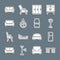 Set line Office desk, Refrigerator, Coat stand, Wardrobe, Mirror, Sofa, and Table lamp icon. Vector