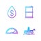 Set line Oil platform in the sea, Speedometer, Oil drop with dollar and Barrel oil. Gradient color icons. Vector