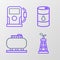 Set line Oil rig, tank storage, Barrel oil and Petrol gas station icon. Vector