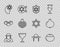 Set line Orthodox jewish hat, Jewish sweet bakery, Shield with Star of David, goblet, Pomegranate, and icon. Vector