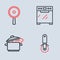 Set line Oven, Cooking pot, Pizza knife and Frying pan icon. Vector