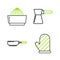Set line Oven glove, Frying pan, Coffee turk and Citrus fruit juicer icon. Vector