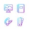 Set line Palette, Paint brush with palette, Computer monitor screen and Spiral notebook. Gradient color icons. Vector