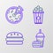 Set line Paper glass with drinking straw and burger, Burger, Popcorn cardboard box and Pizza icon. Vector