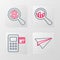 Set line Paper plane, Pos terminal, Magnifying glass and analysis and dollar icon. Vector