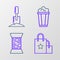 Set line Paper shopping bag, Sewing thread on spool, Popcorn cardboard box and Shovel the ground icon. Vector