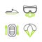 Set line Parachute, Rafting boat, Diving mask and Jet ski icon. Vector