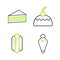 Set line Pastry bag, Hotdog sandwich, Cake and icon. Vector