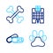 Set line Paw print, Cat and pills, Veterinary medicine hospital and Crossed bones icon. Vector