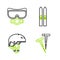 Set line Pegs for tents, Helmet, Ski and sticks and Diving mask icon. Vector