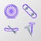 Set line Pegs for tents, Rafting boat, Skateboard trick and Bicycle wheel icon. Vector