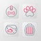 Set line Pet carry case, Aquarium with fish, Paw print and Dog collar icon. Vector