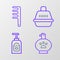 Set line Pet shampoo, carry case and Hair brush for dog and cat icon. Vector
